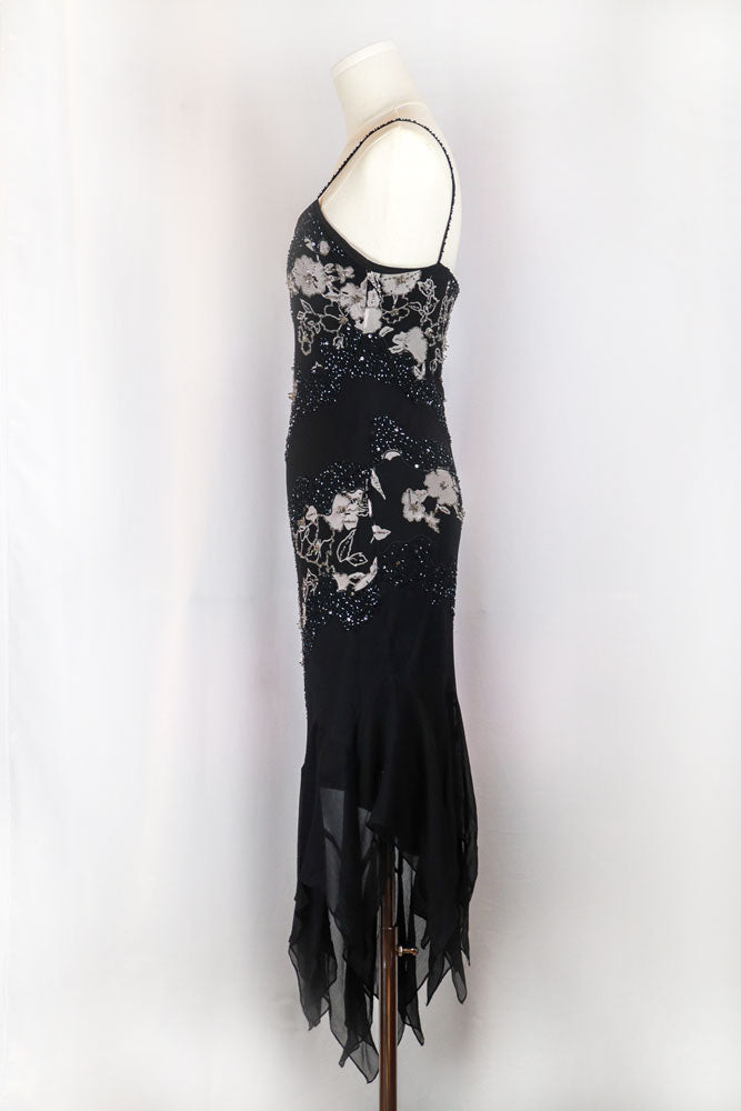 Italian 2000s Black Silk Beaded Asymmetrical Dress