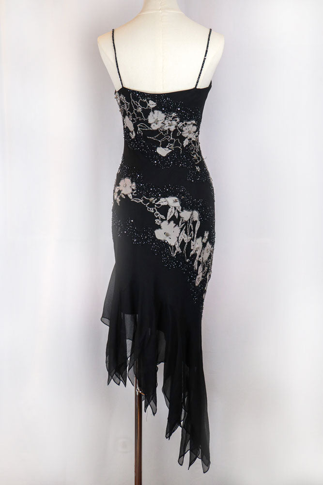 Italian 2000s Black Silk Beaded Asymmetrical Dress