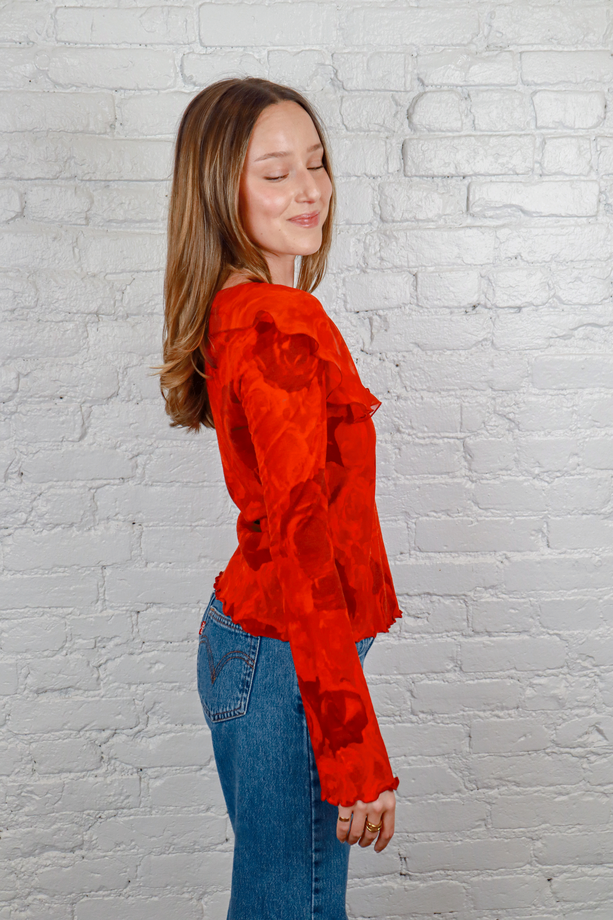 Just Cavalli Red Sheer Rose Blouse