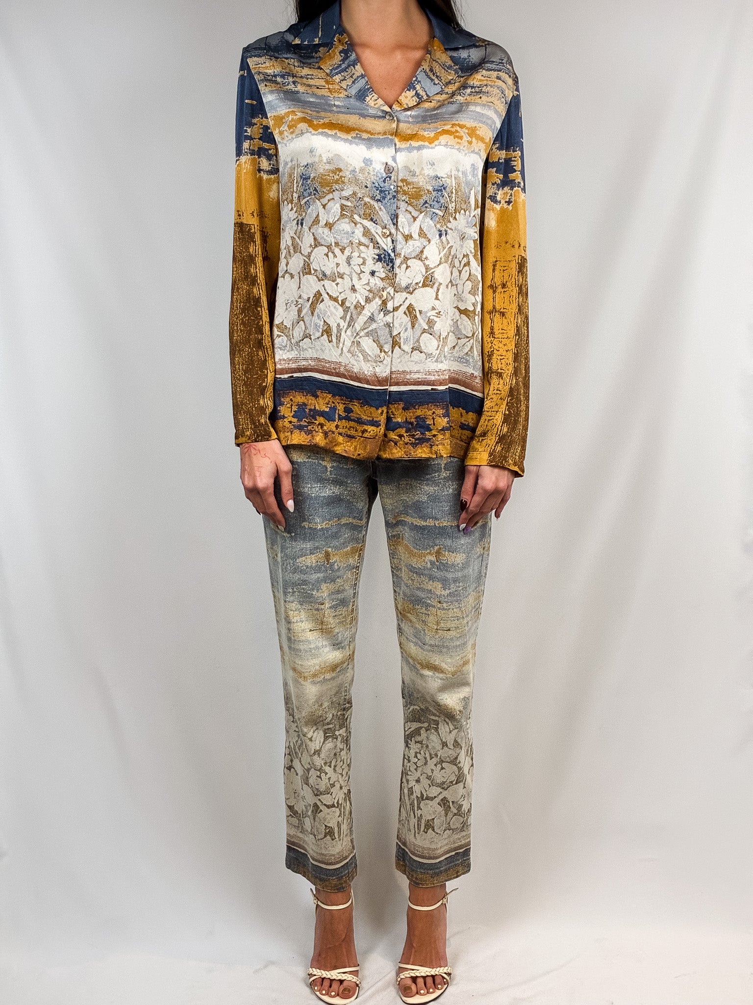 Roberto Cavalli 2000s Painterly Floral Print Shirt & Jean Set - Top M / Jeans W30