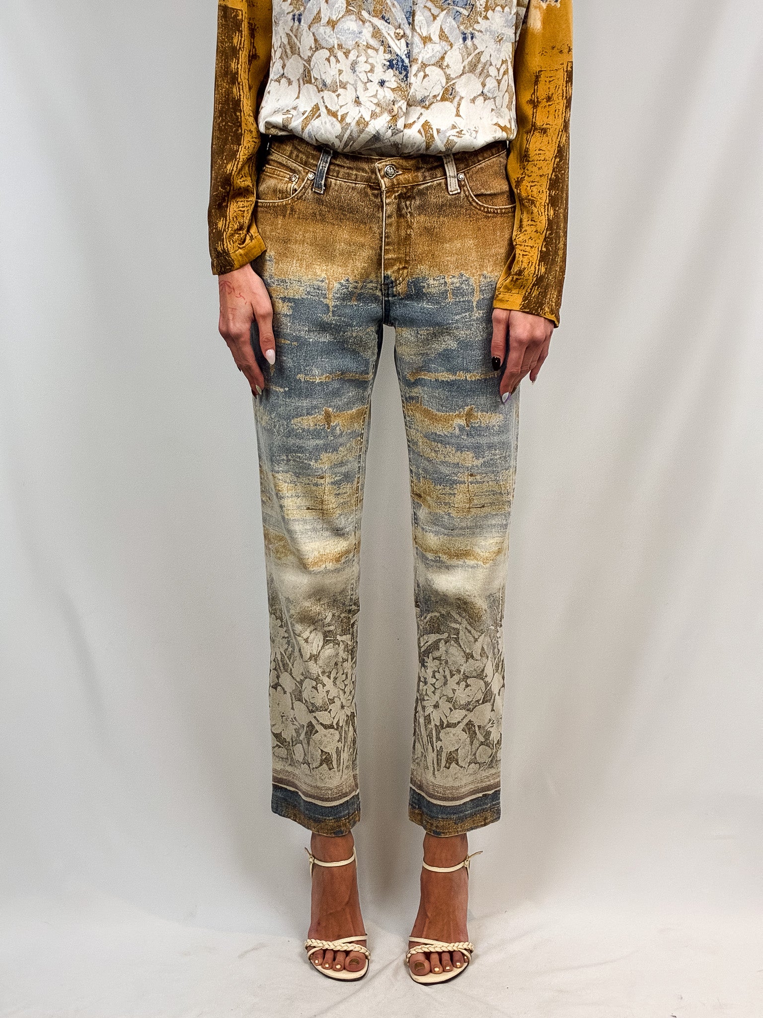 Roberto Cavalli 2000s Painterly Floral Print Shirt & Jean Set - Top M / Jeans W30