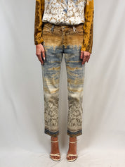 Roberto Cavalli 2000s Painterly Floral Print Shirt & Jean Set - Top M / Jeans W30