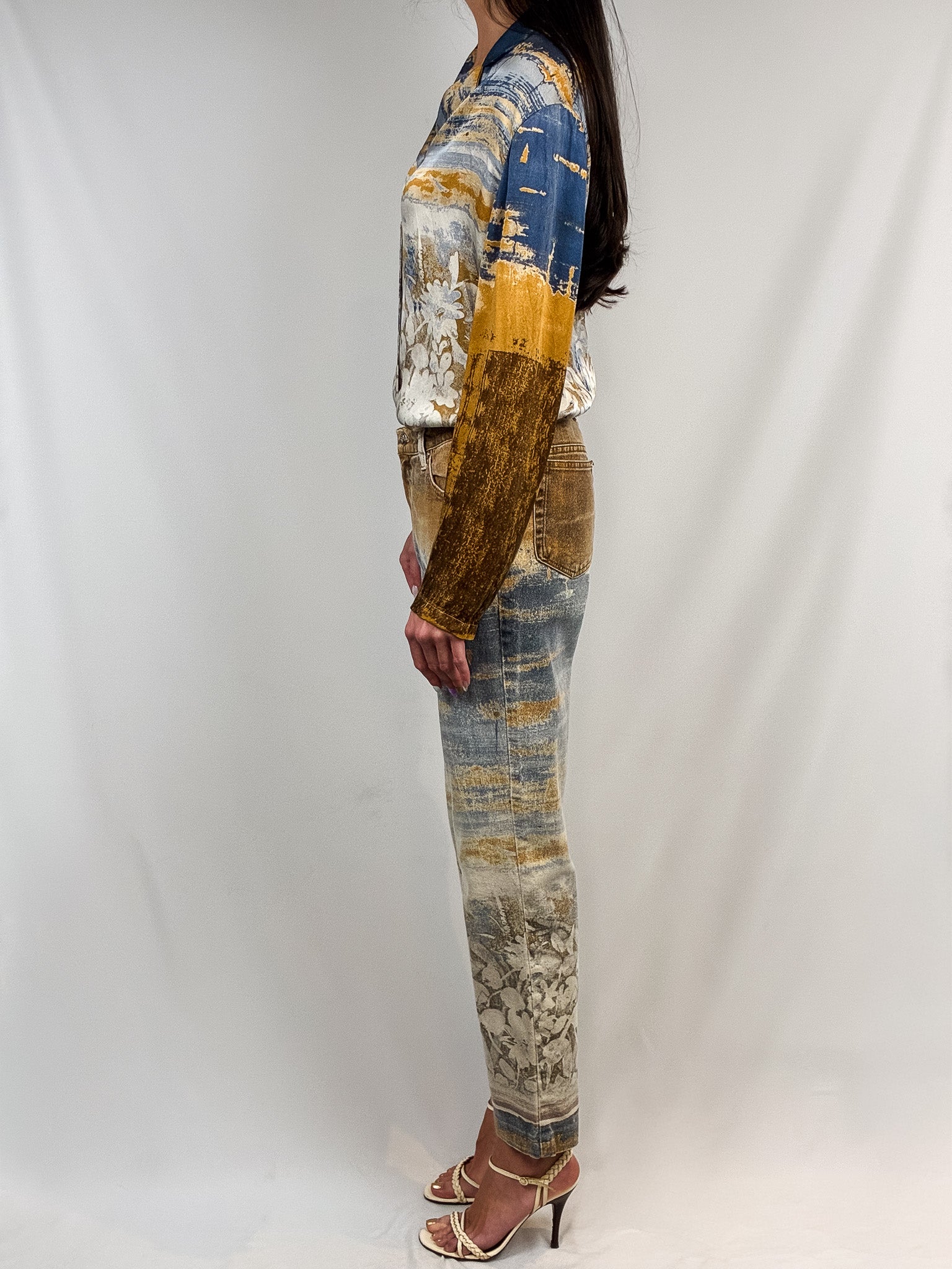 Roberto Cavalli 2000s Painterly Floral Print Shirt & Jean Set - Top M / Jeans W30