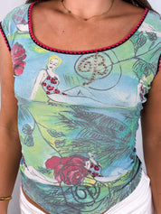 Blumarine Jeans 2000s Pin-Up Print Rhinestone Mesh Cap Sleeve Top - S/M