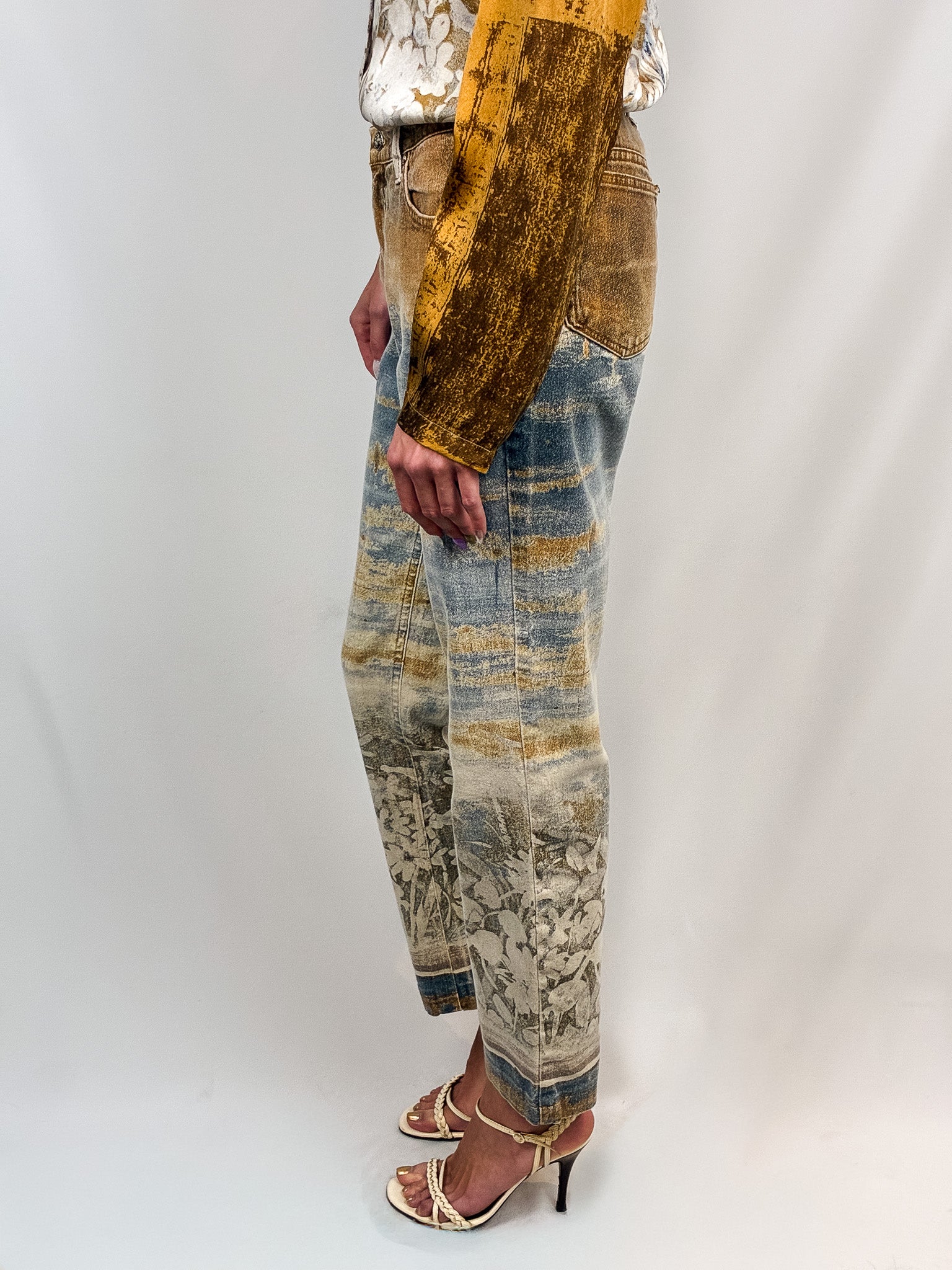 Roberto Cavalli 2000s Painterly Floral Print Shirt & Jean Set - Top M / Jeans W30