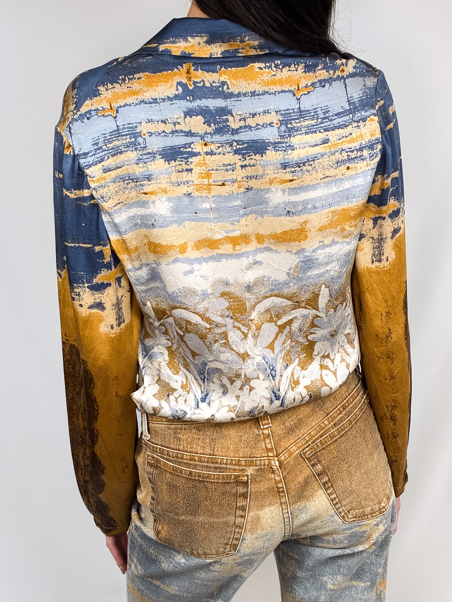 Roberto Cavalli 2000s Painterly Floral Print Shirt & Jean Set - Top M / Jeans W30