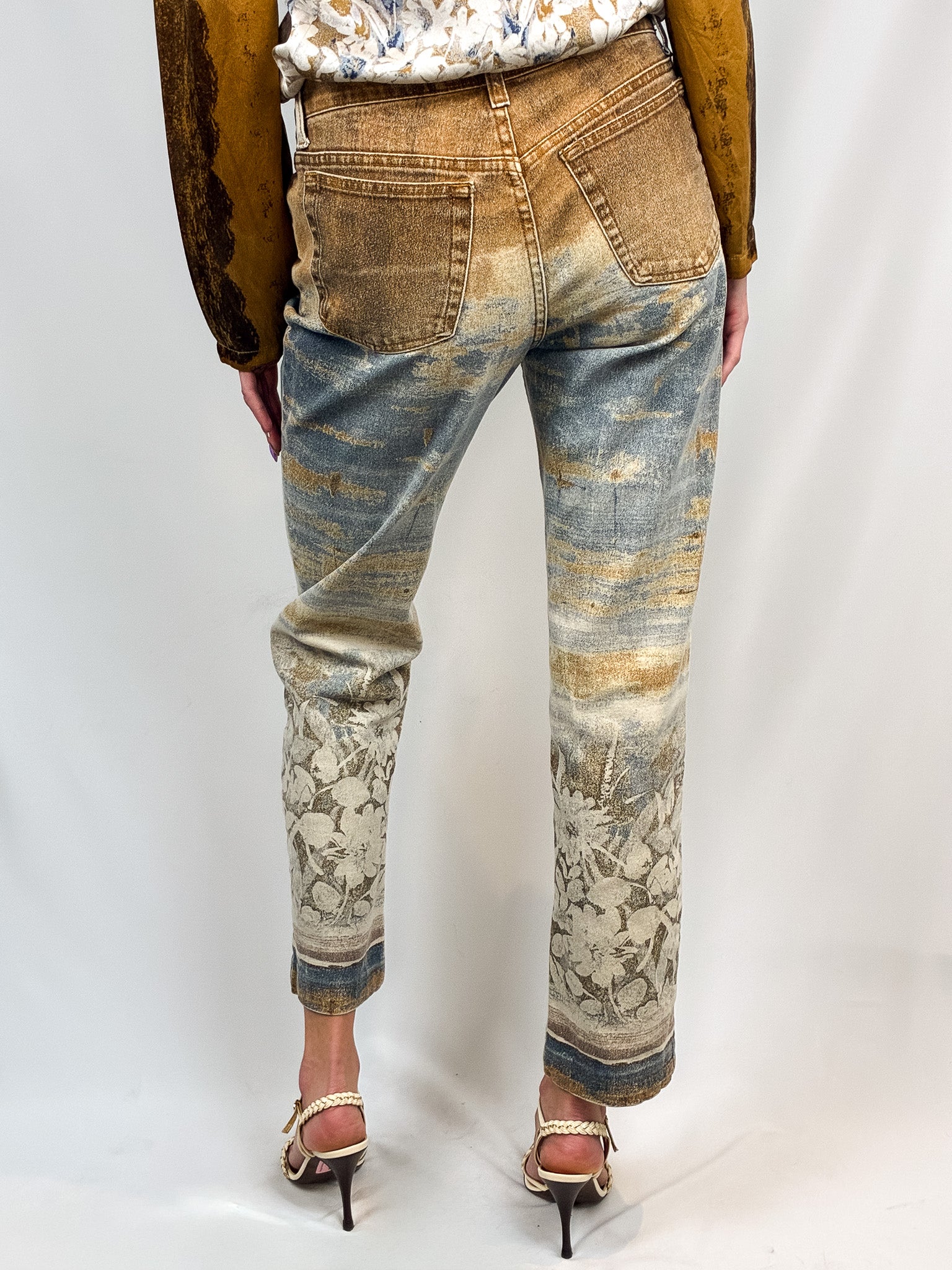 Roberto Cavalli 2000s Painterly Floral Print Shirt & Jean Set - Top M / Jeans W30