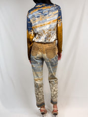 Roberto Cavalli 2000s Painterly Floral Print Shirt & Jean Set - Top M / Jeans W30