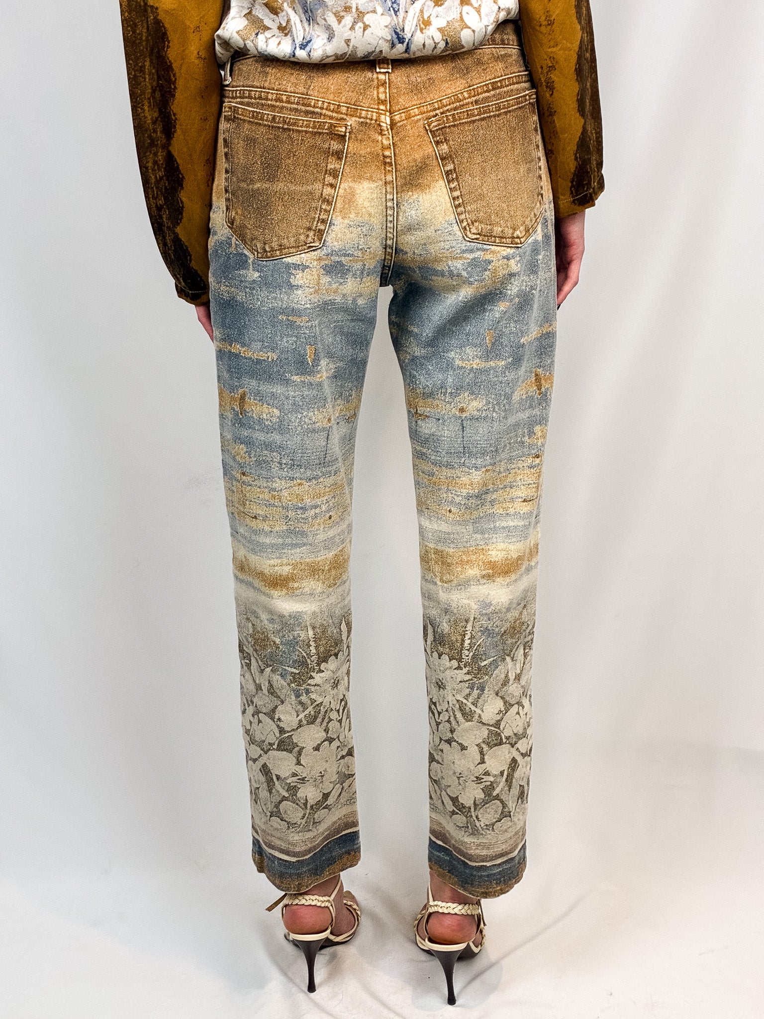 Roberto Cavalli 2000s Painterly Floral Print Shirt & Jean Set - Top M / Jeans W30