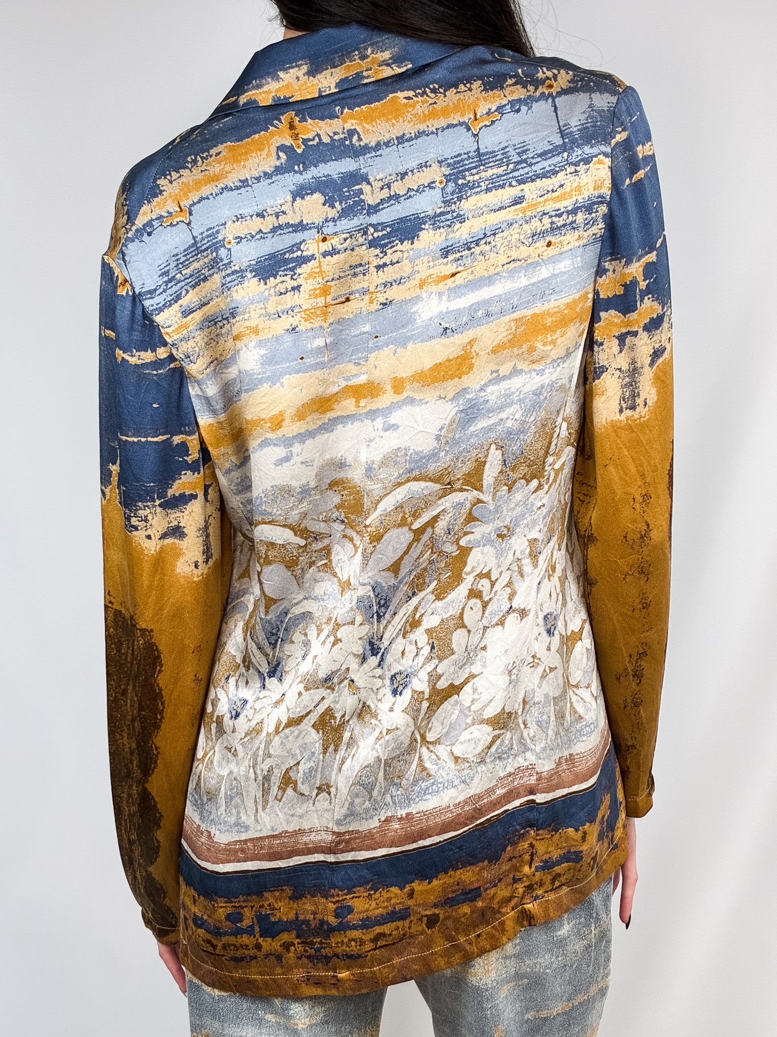 Roberto Cavalli 2000s Painterly Floral Print Shirt & Jean Set - Top M / Jeans W30