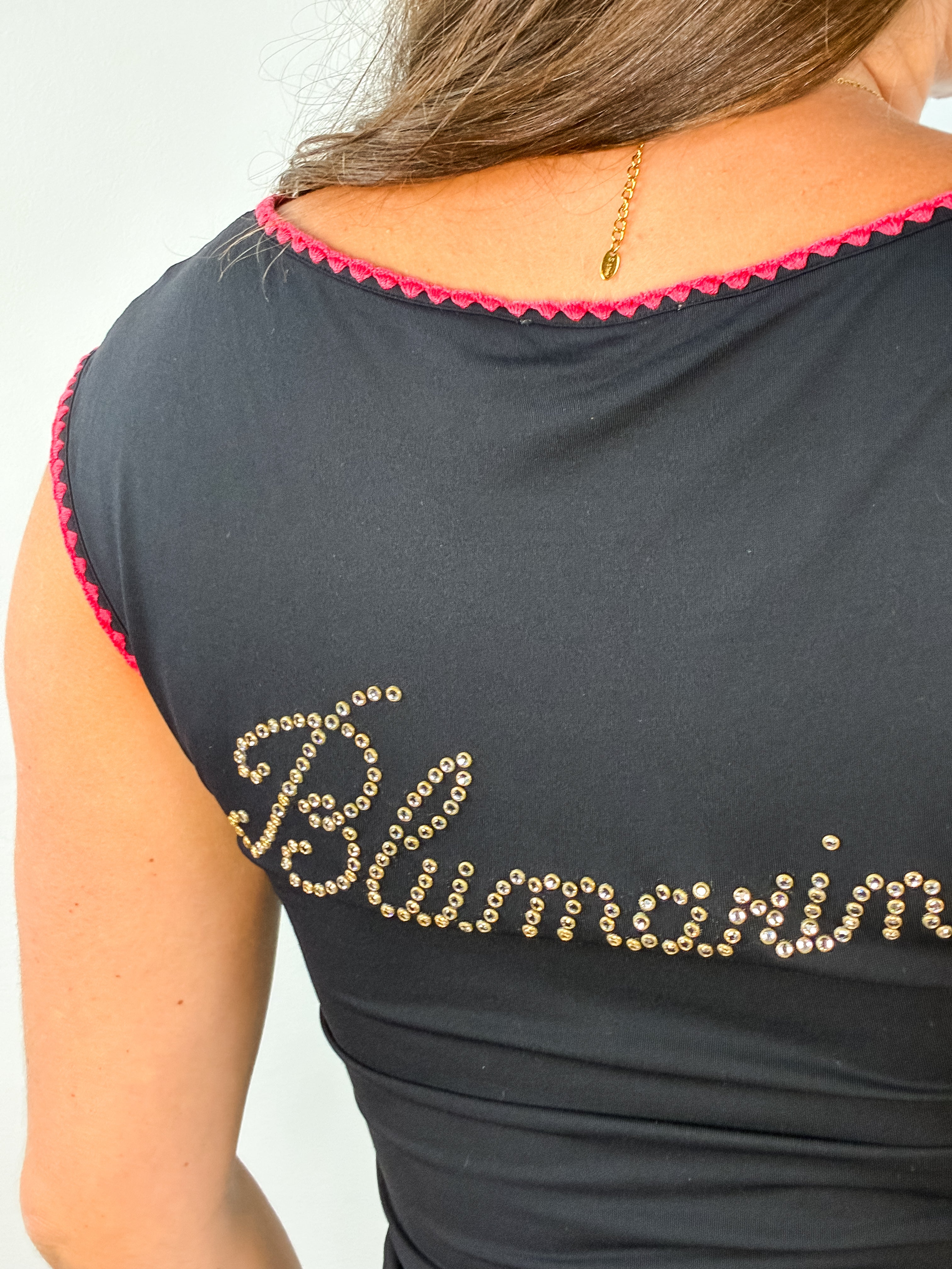 Blumarine Jeans 2000s Pin-Up Print Rhinestone Mesh Cap Sleeve Top - S/M