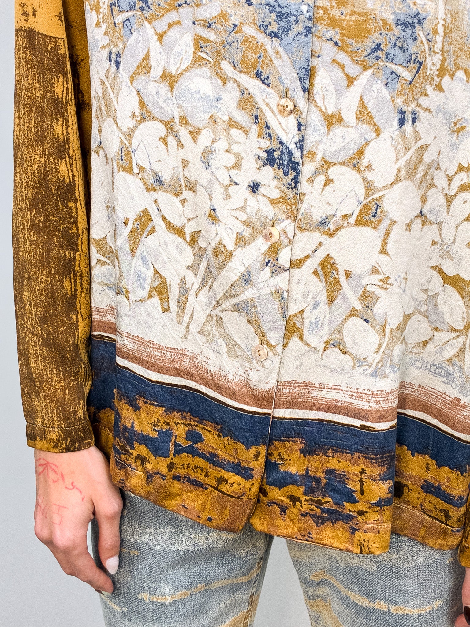Roberto Cavalli 2000s Painterly Floral Print Shirt & Jean Set - Top M / Jeans W30