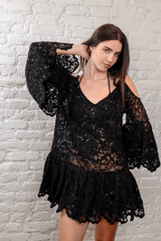 Sheer Beaded Black Lace Mini Dress