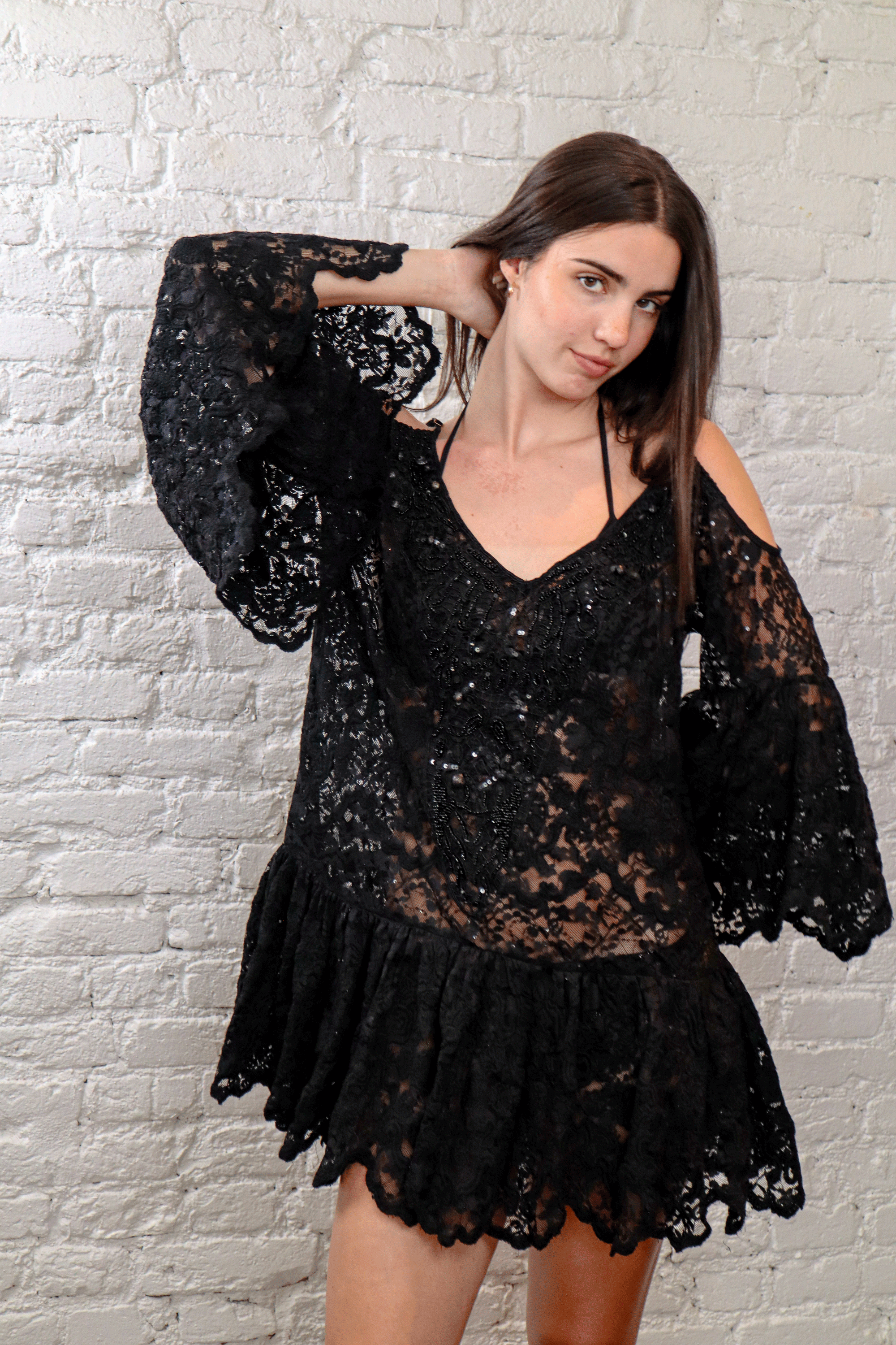 Sheer Beaded Black Lace Mini Dress