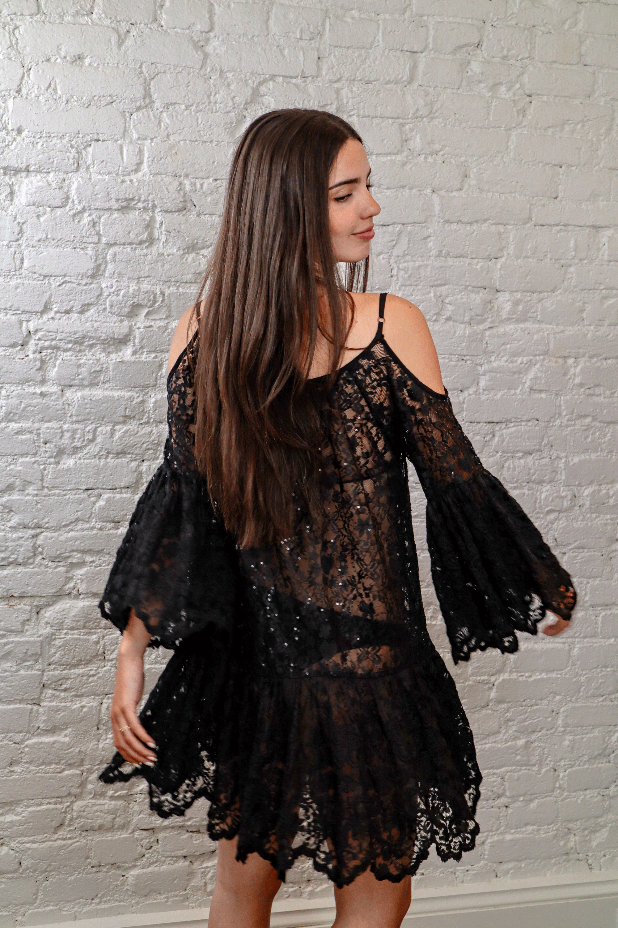 Sheer Beaded Black Lace Mini Dress