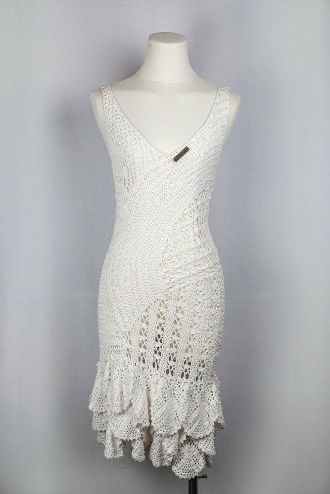 Just Cavalli 2005 White Crochet Mini Dress with Ruffle Hem