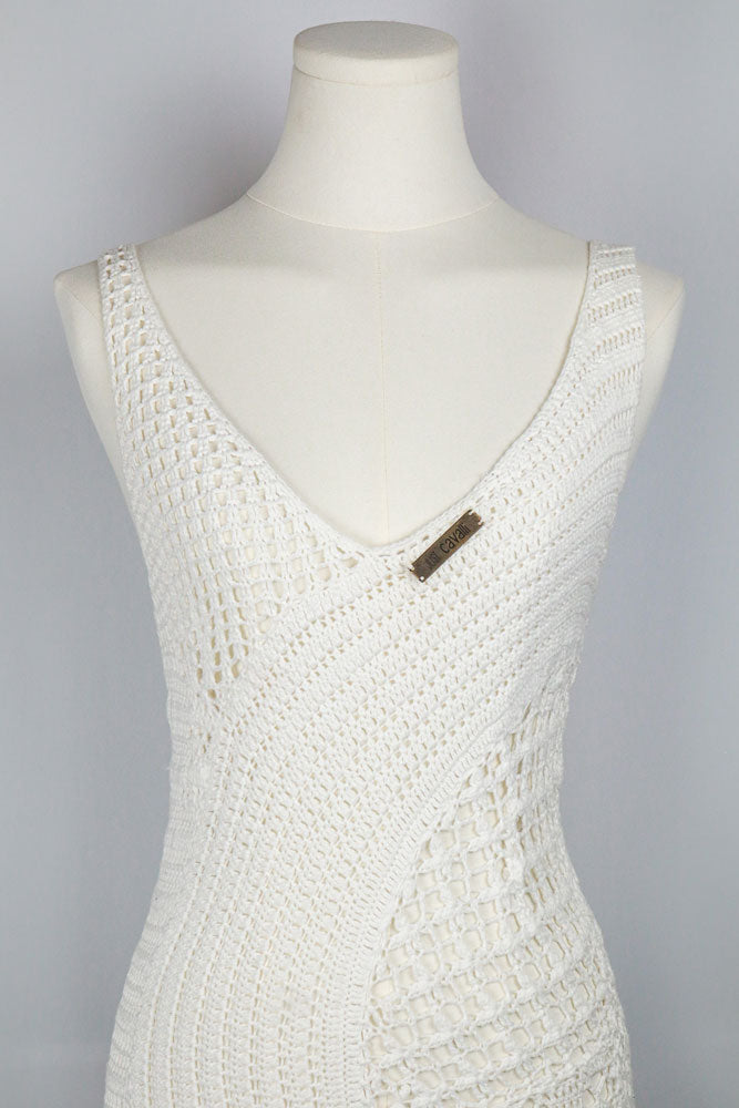 Just Cavalli 2005 White Crochet Mini Dress with Ruffle Hem