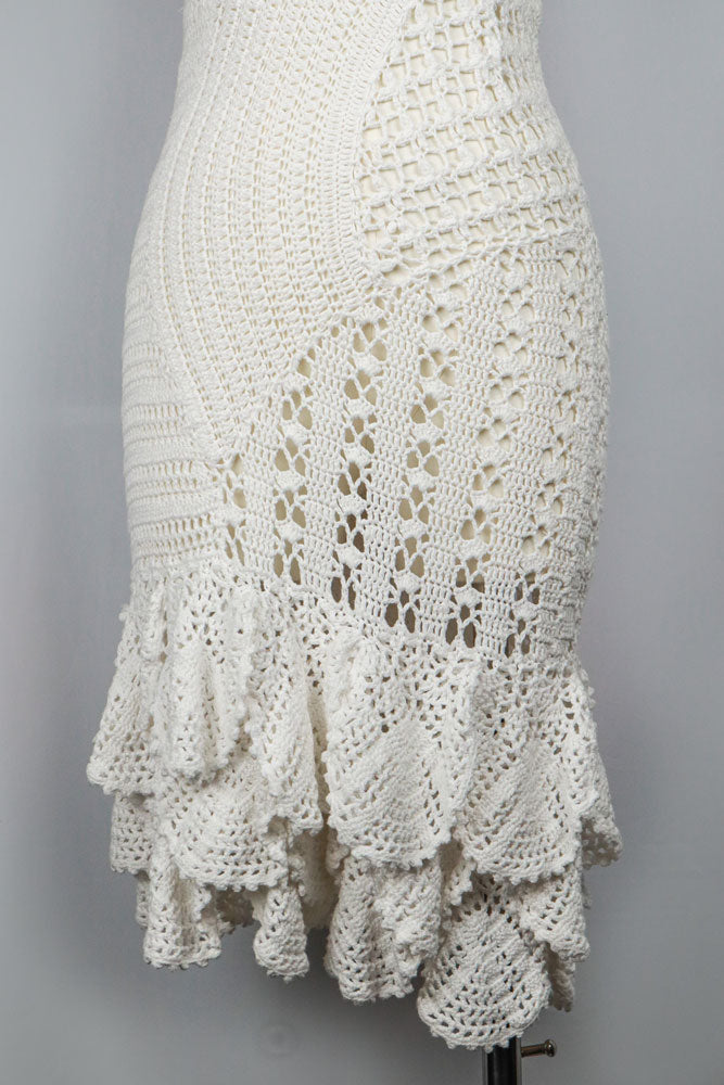 Just Cavalli 2005 White Crochet Mini Dress with Ruffle Hem