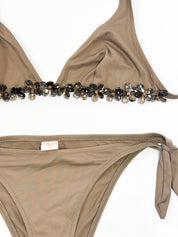 Pin-Up Stars 2000s Tan Beaded Flower Triangle Bikini - M