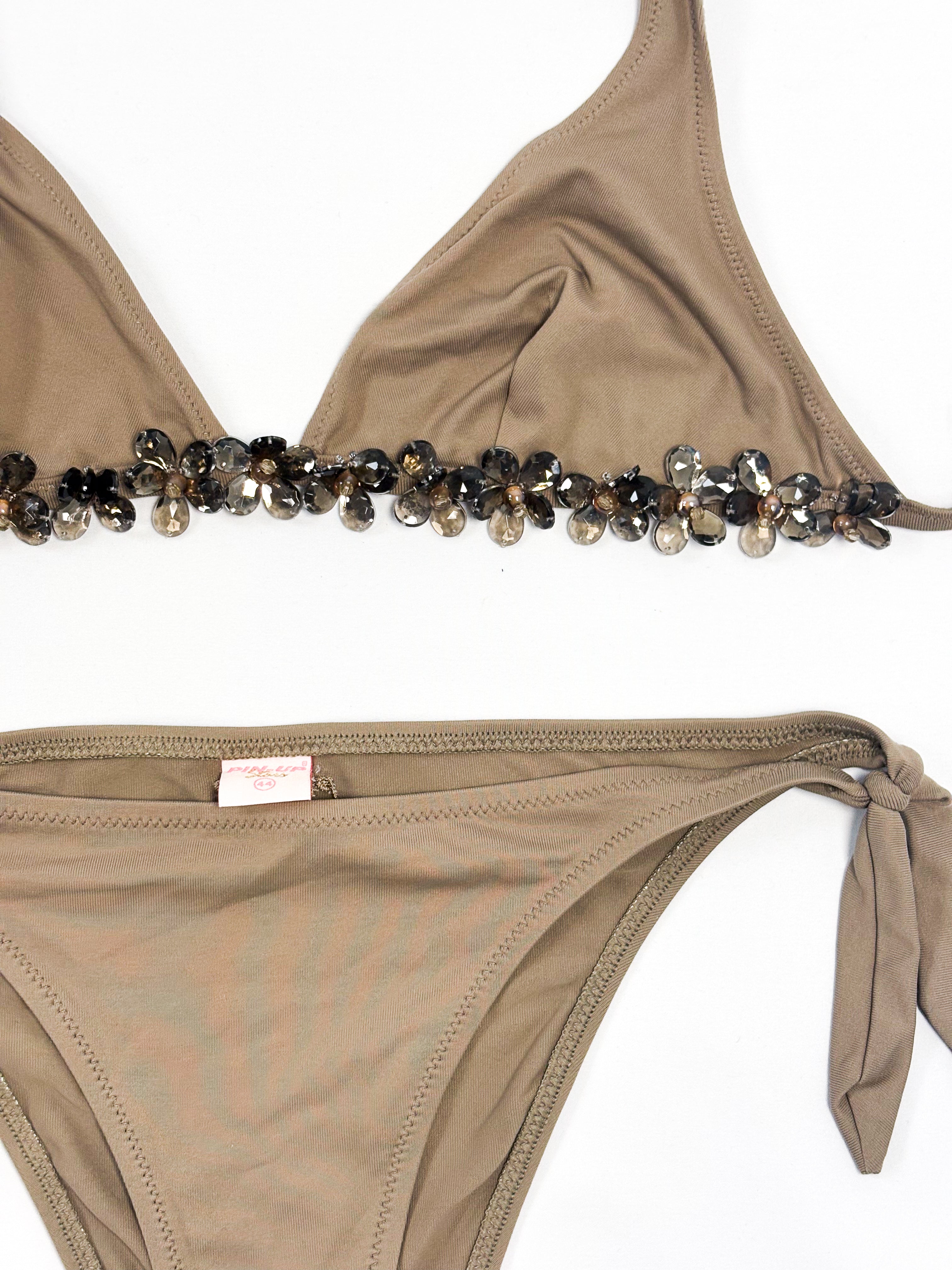 Pin-Up Stars 2000s Tan Beaded Flower Triangle Bikini - M