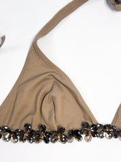 Pin-Up Stars 2000s Tan Beaded Flower Triangle Bikini - M