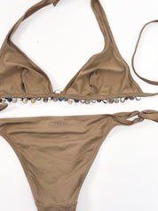 Pin-Up Stars 2000s Tan Beaded Flower Triangle Bikini - M