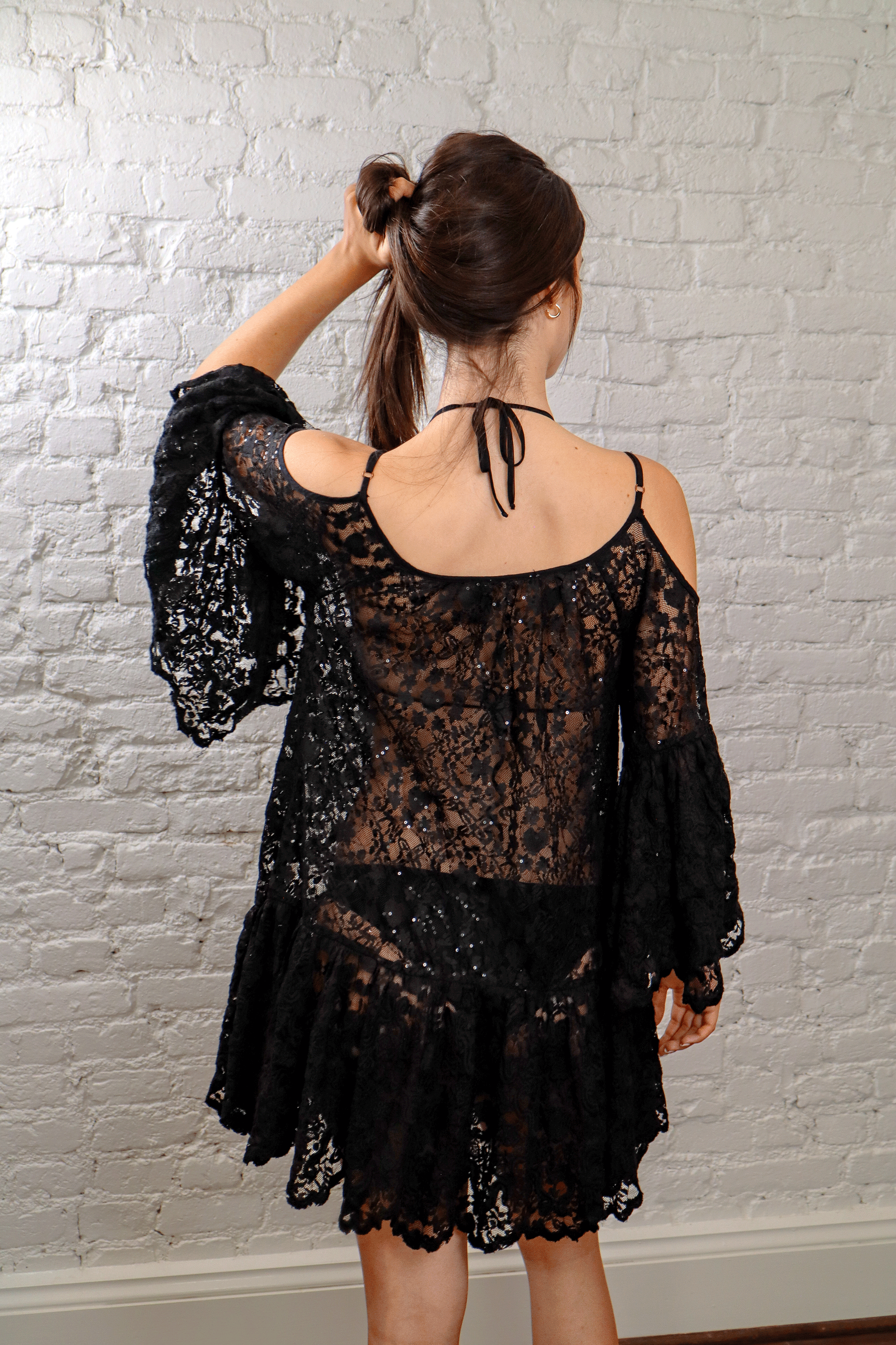 Sheer Beaded Black Lace Mini Dress