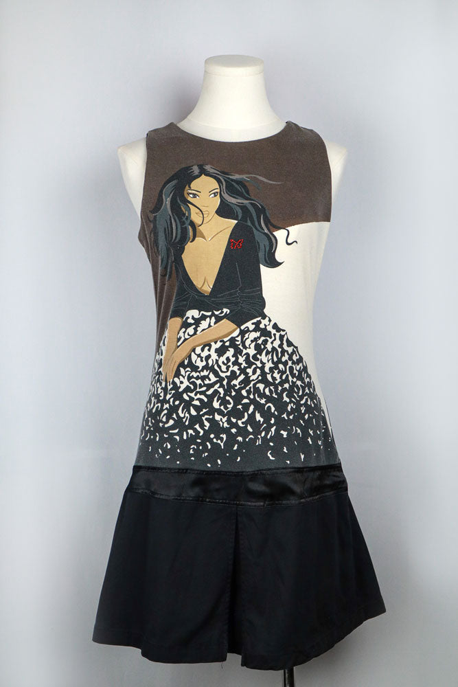 Custo Barcelona 2000s Drop Waist Black Graphic Woman Mini Dress