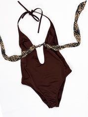 Malizia by La Perla 2000s Brown Leopard Trim Plunge One-Piece Swimsuit - XS