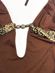 Malizia by La Perla 2000s Brown Leopard Trim Plunge One-Piece Swimsuit - XS