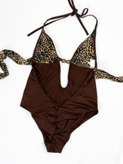 Malizia by La Perla 2000s Brown Leopard Trim Plunge One-Piece Swimsuit - XS