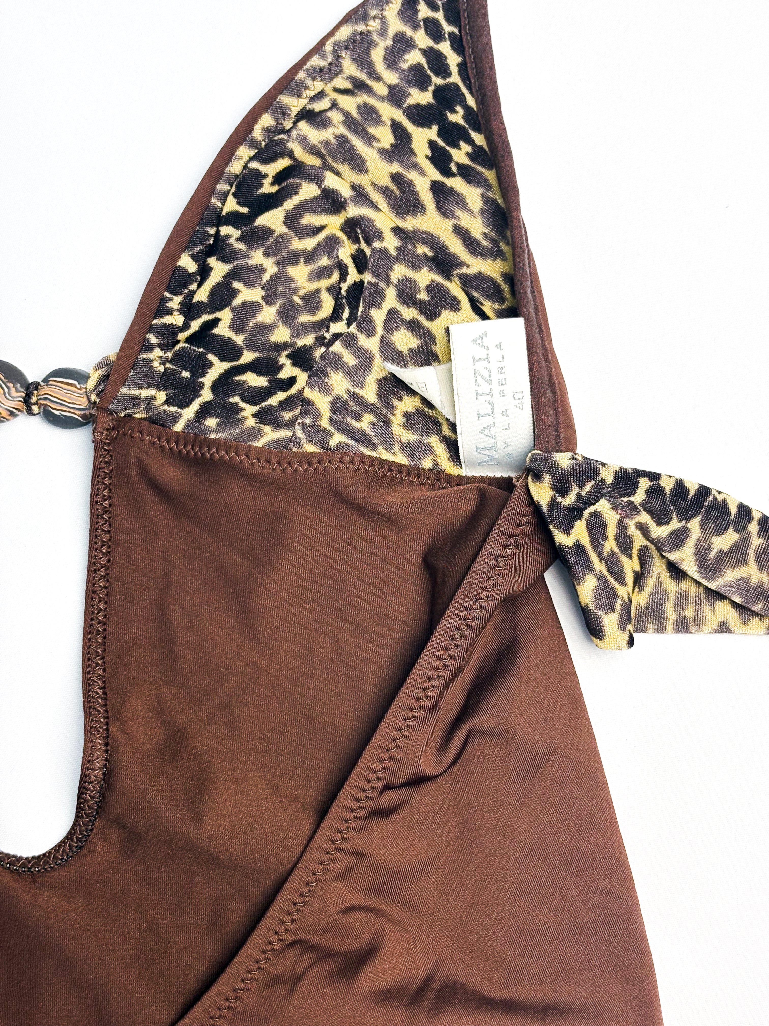 Malizia by La Perla 2000s Brown Leopard Trim Plunge One-Piece Swimsuit - XS
