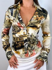 Class Roberto Cavalli 2000s Gold Jungle Print Silk Button-Up Shirt - S/M