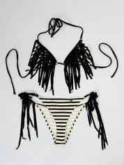 Elisabetta Franchi 2010s Black and Cream Striped Fringe Bikini Set - S