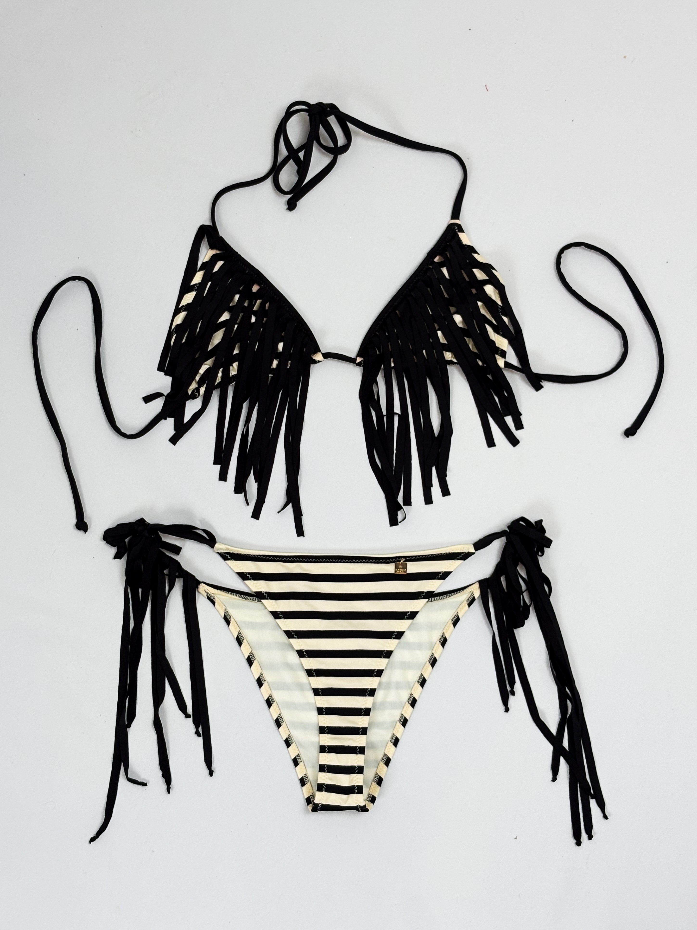 Elisabetta Franchi 2010s Black and Cream Striped Fringe Bikini Set - S