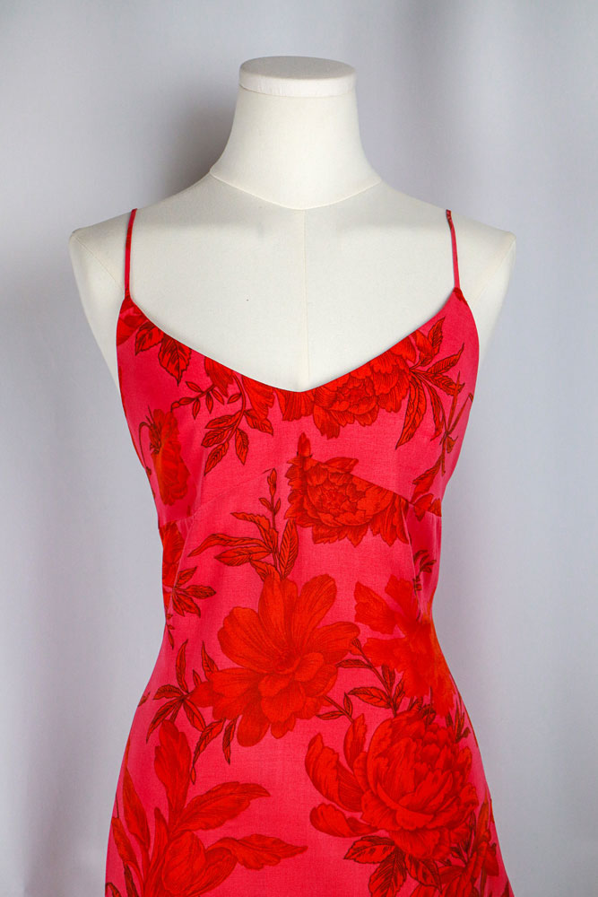 1990s Red and Pink Floral Slip Dress