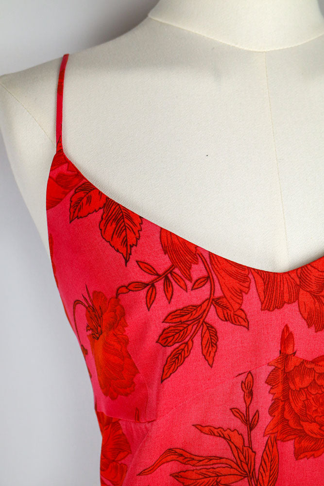 1990s Red and Pink Floral Slip Dress