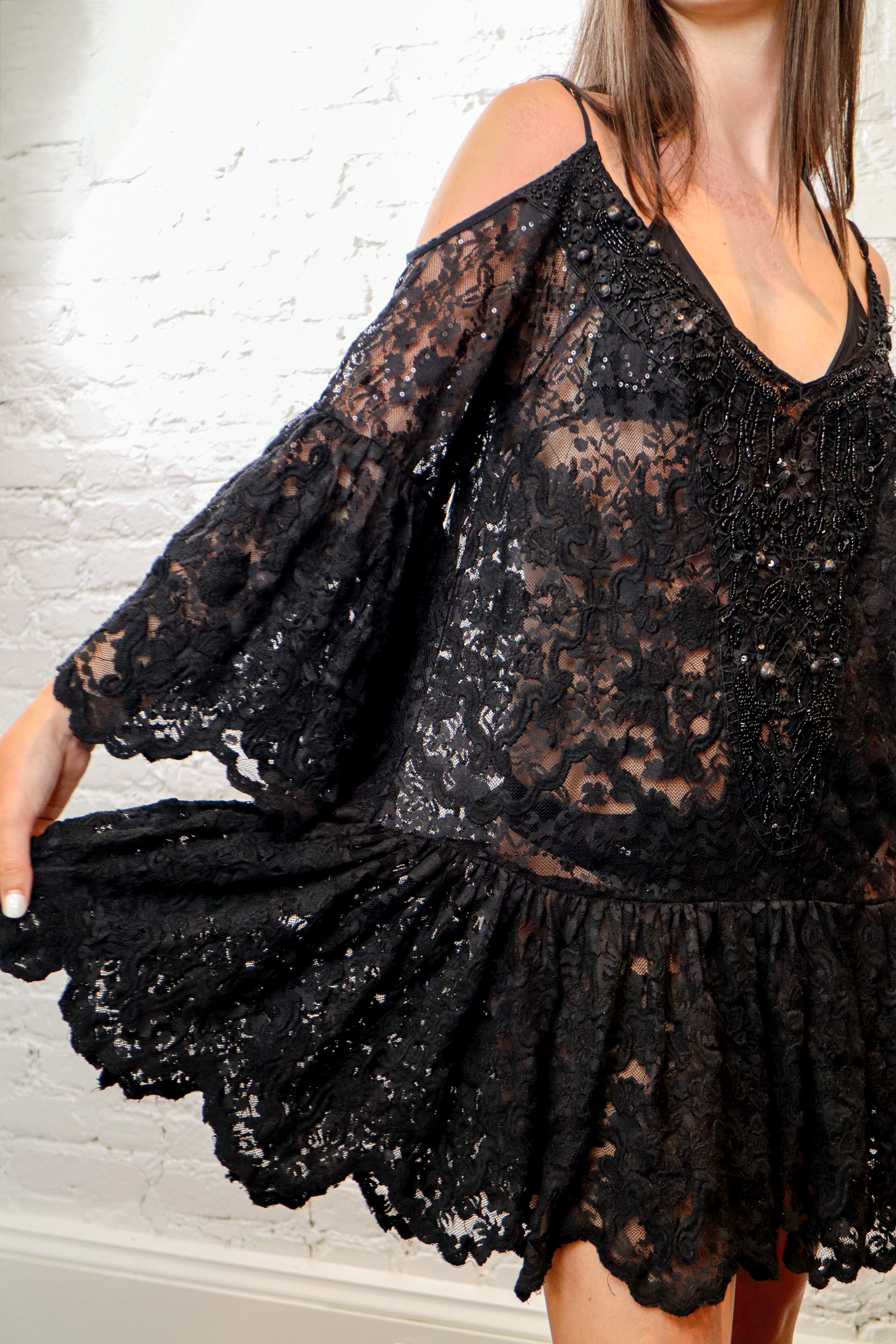 Sheer Beaded Black Lace Mini Dress