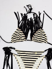 Elisabetta Franchi 2010s Black and Cream Striped Fringe Bikini Set - S