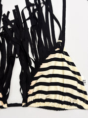 Elisabetta Franchi 2010s Black and Cream Striped Fringe Bikini Set - S