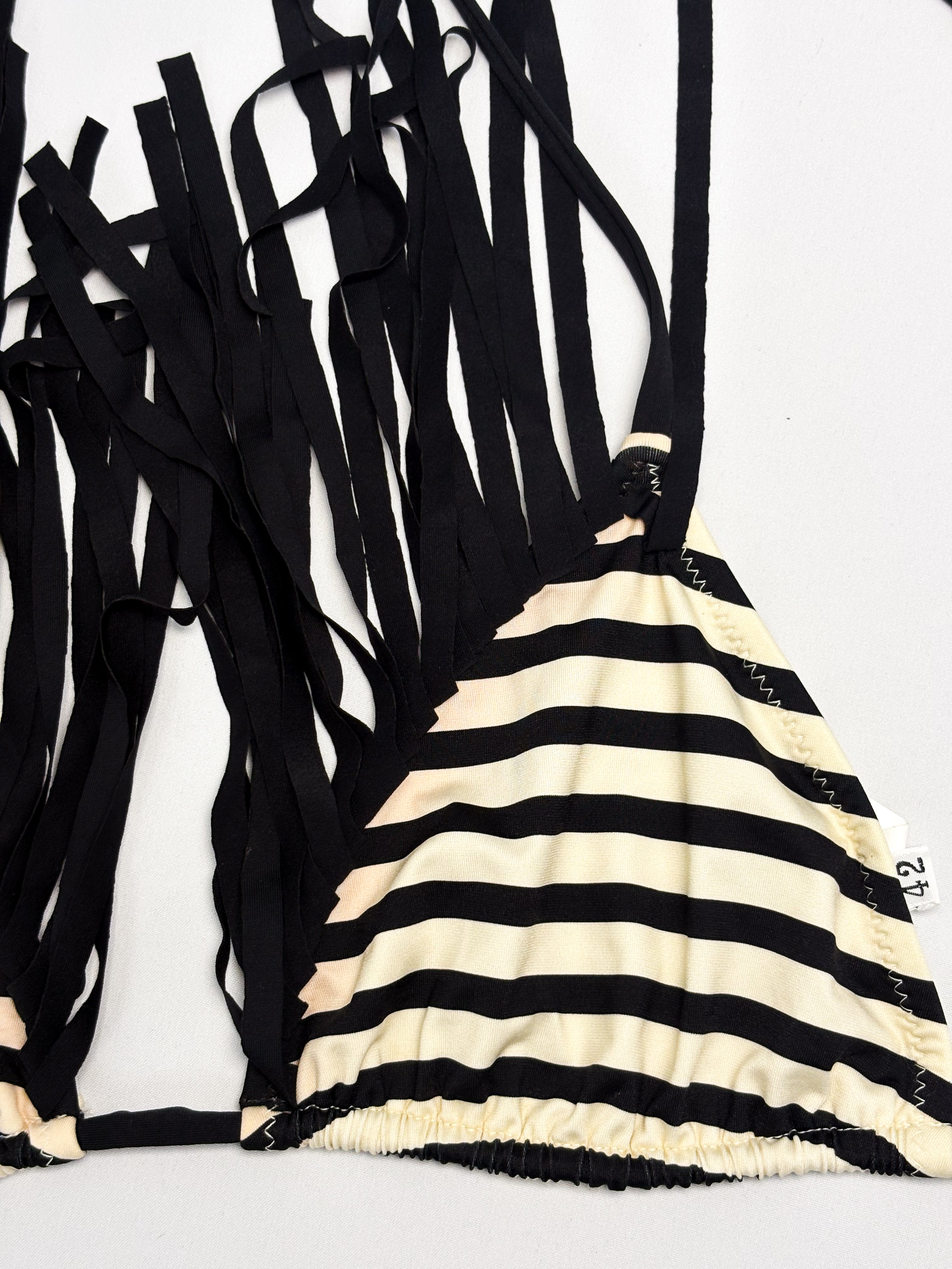 Elisabetta Franchi 2010s Black and Cream Striped Fringe Bikini Set - S