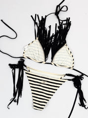Elisabetta Franchi 2010s Black and Cream Striped Fringe Bikini Set - S