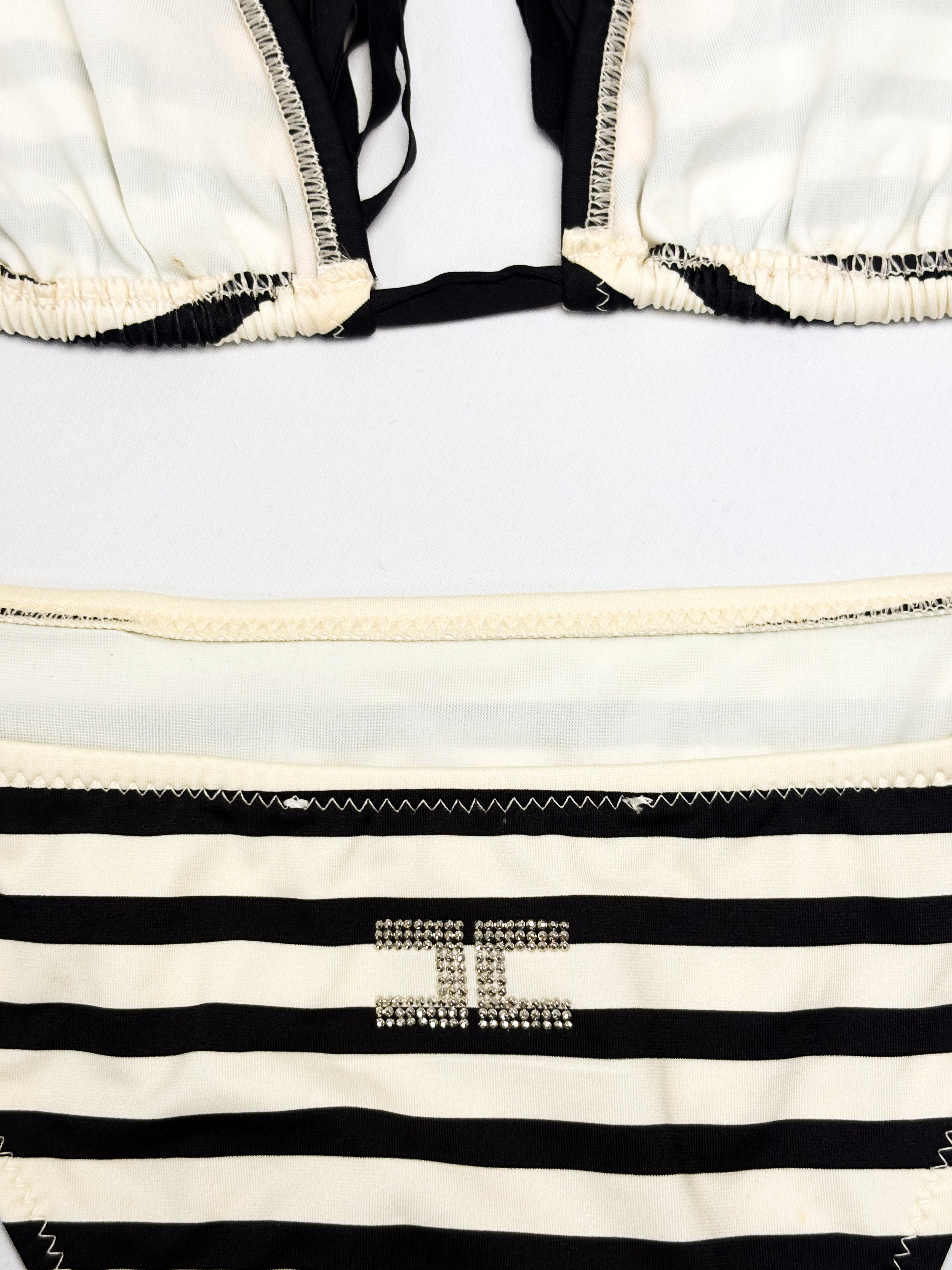 Elisabetta Franchi 2010s Black and Cream Striped Fringe Bikini Set - S