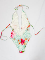 Blumarine 2000s Aqua Hibiscus Print Plunge One-Piece Swimsuit - S/M