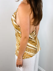 Roberto Cavalli 2003 Cream and Gold Chain Print Silk Halter Top - S/M