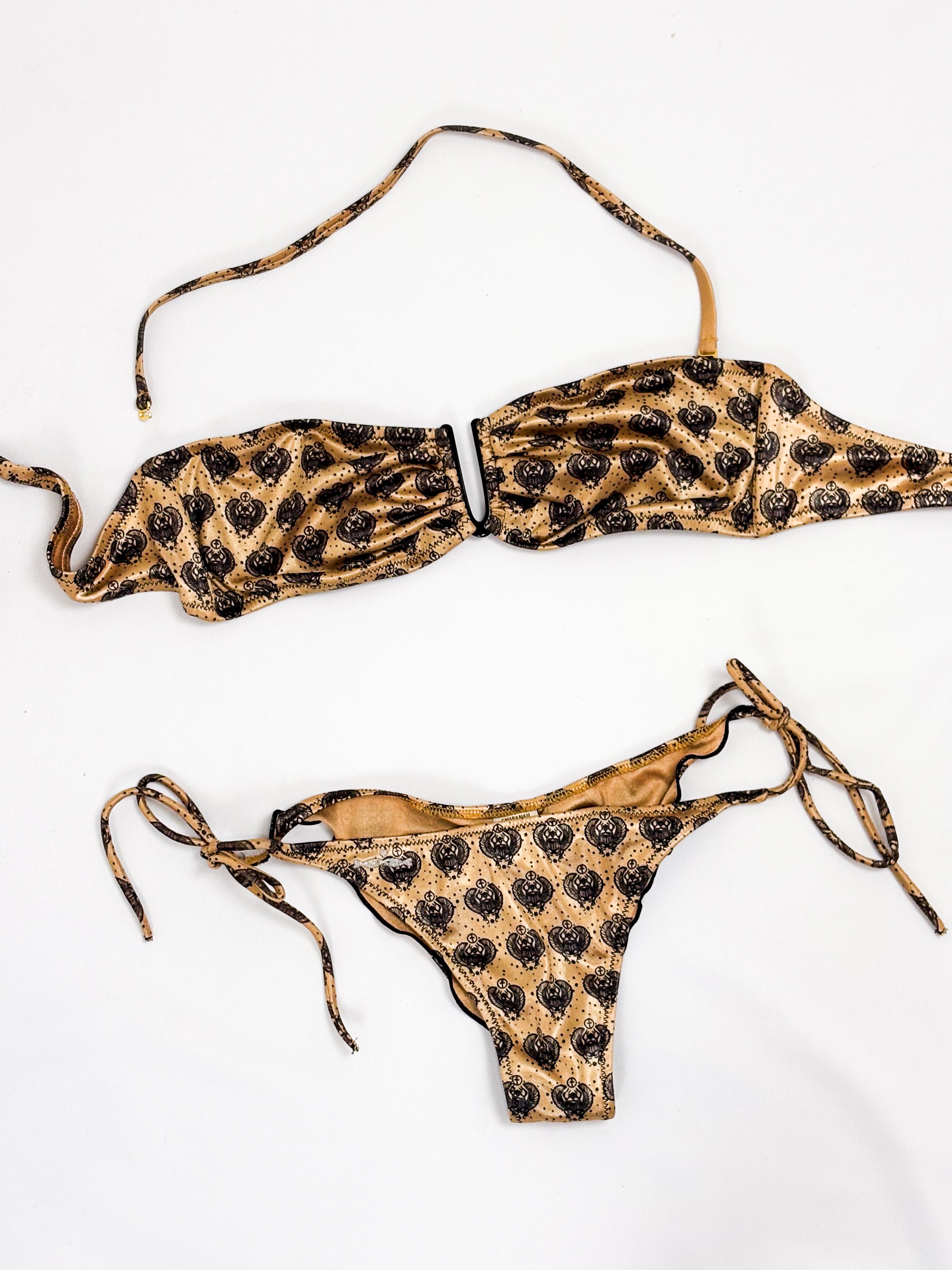 Chiara Biasi 2010s Gold Scarab Print Bandeau Bikini Set - S