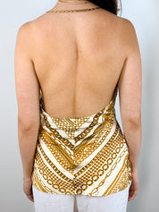 Roberto Cavalli 2003 Cream and Gold Chain Print Silk Halter Top - S/M