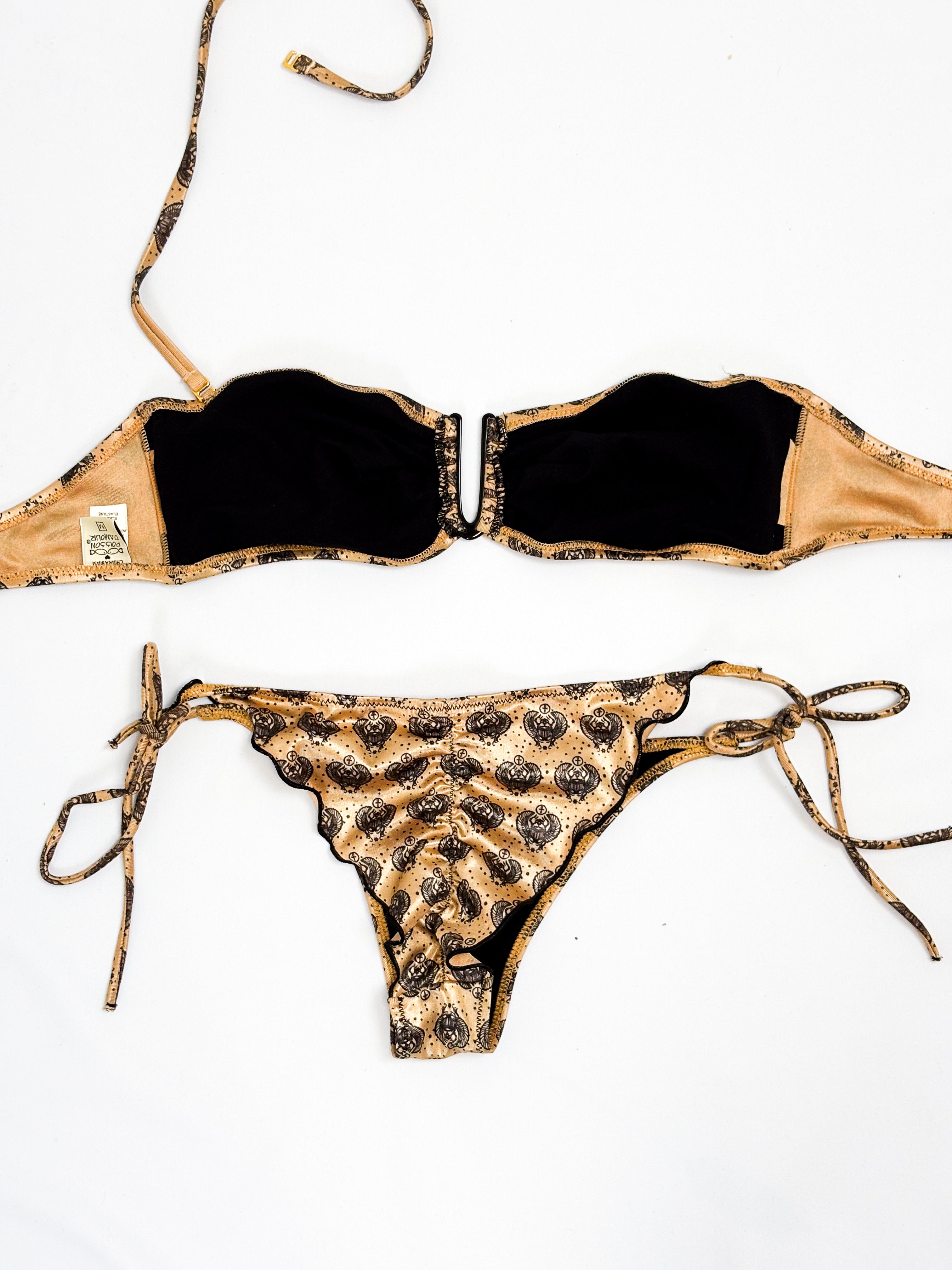 Chiara Biasi 2010s Gold Scarab Print Bandeau Bikini Set - S
