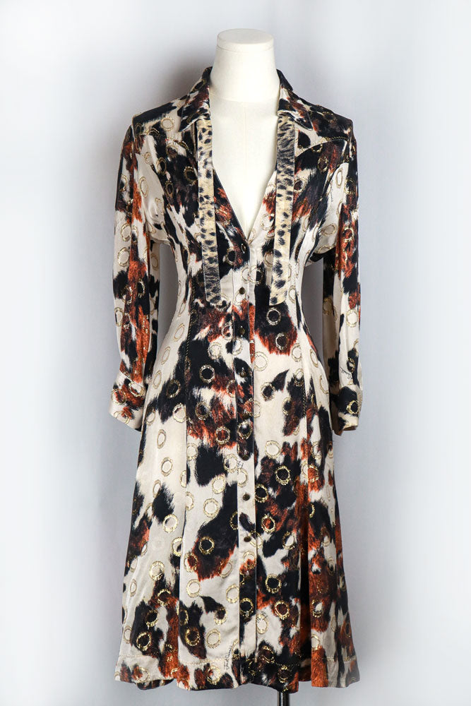 Roberto Cavalli 2000s Cow Print Shirt Dress with Gold Ring Accents