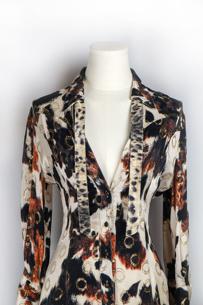 Roberto Cavalli 2000s Cow Print Shirt Dress with Gold Ring Accents